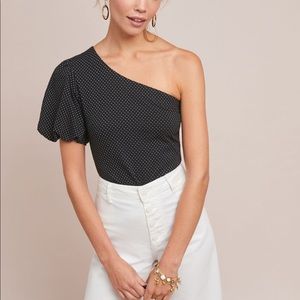 Anthropologie Black Polka Dot One Shoulder Top